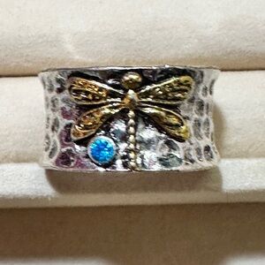 Band Hammered Style 925 Silver Gold Tone Dragonfly & Small Aquamarine Stone SZ 6